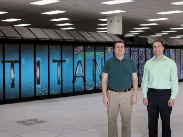 ORNL’s Steven Young (left) and Travis Johnston used Titan to prove the design and training of deep learning networks could be greatly accelerated with a capable computing system. ORNL’s Steven Young (left) and Travis Johnston used Titan to prove the design and training of deep learning networks could be greatly accelerated with a capable computing system.