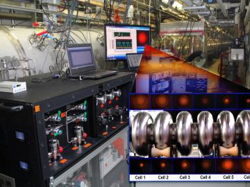 Behind the work station, cryomodule 19 undergoes in-situ plasma processing inside the SNS linac. The inset shows a 6-cell cavity with monitored plasma inside each cell. Image credit: Genevieve Martin/ORNL. Behind the work station, cryomodule 19 undergoes in-situ plasma processing inside the SNS linac. The inset shows a 6-cell cavity with monitored plasma inside each cell. Image credit: Genevieve Martin/ORNL.