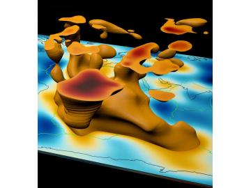 A visualization of mantle plumes in the Eastern hemisphere overlaying a flat global map. Credit: David Pugmire, ORNL A visualization of mantle plumes in the Eastern hemisphere overlaying a flat global map. Credit: David Pugmire, ORNL