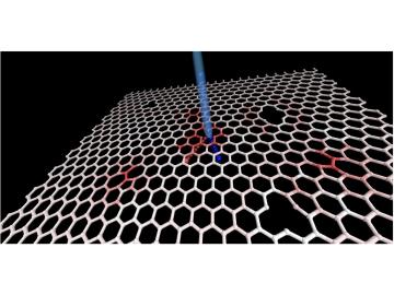 A simulation shows the path for the collision of a krypton ion (blue) with a defected graphene sheet and subsequent formation of a carbon vacancy (red). Red shades indicate local strain in the graphene. Image credit: Kichul Yoon, Penn State