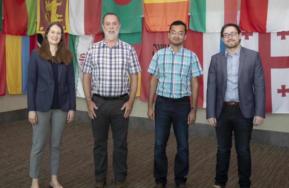 ORNL staff members (from left) Ashley Shields, Michael Galloway, Ketan Maheshwari and Andrew Miskowiec are collaborating on a project focused on predicting and analyzing crystal structures of new uranium oxide phases. Credit: Jason Richards/ORNL