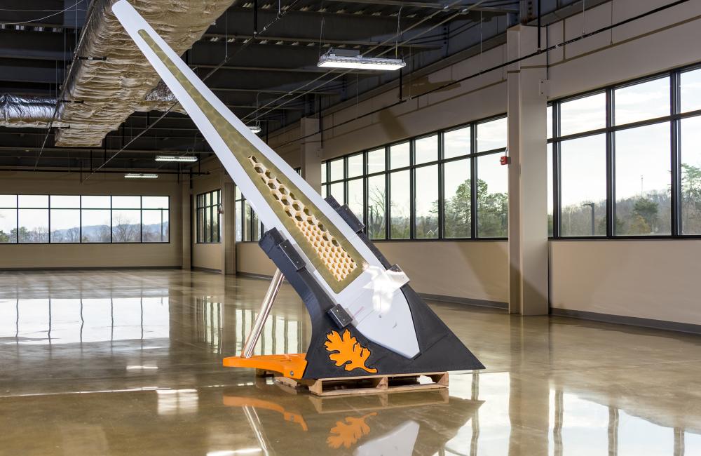 The core of a wind turbine blade by XZERES Corporation was produced at the MDF using Cincinnati Incorporated equipment for large-scale 3D printing with foam.