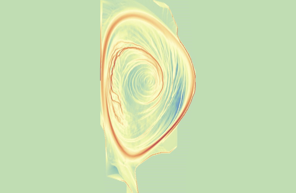 A visualization using Finite Time Lyapunov Exponents (FTLE) of the bulk velocity field derived from particles in an XGC1 fusion simulation. The bulk velocity field was computed and visualized in situ using the ADIOS staging transport method. Image courtesy of James Kress and David Pugmire.