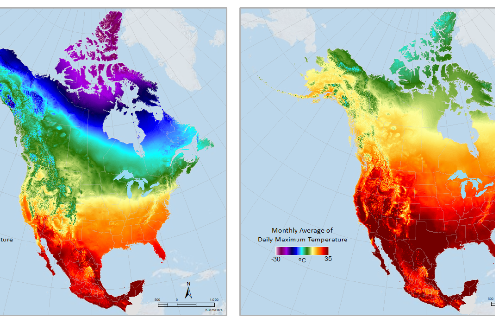 Daymet climatologies allow easy comparison of metrics like these monthly averages of maximum temperature for (left to right) January, April and August of 2019.
