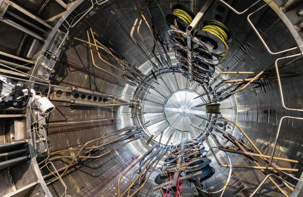 The interior of a central solenoid module shows the extensive network of helium piping needed to keep the superconducting magnet at 4 degrees Kelvin. US ITER is managing the fabrication of magnet modules at General Atomics in Poway, CA.  Photo credit: General Atomics