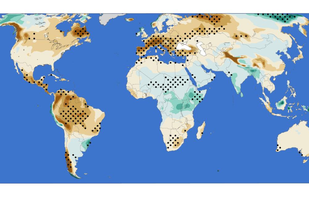 Results show change in annual aridity for the years 2071-2100 compared to 1985-2014. Brown shadings (negative numbers) indicate drier conditions. Black dots indicate statistical significance at the 90% confidence level. Credit: Jiafu Mao/ORNL, U.S. Dept. of Energy