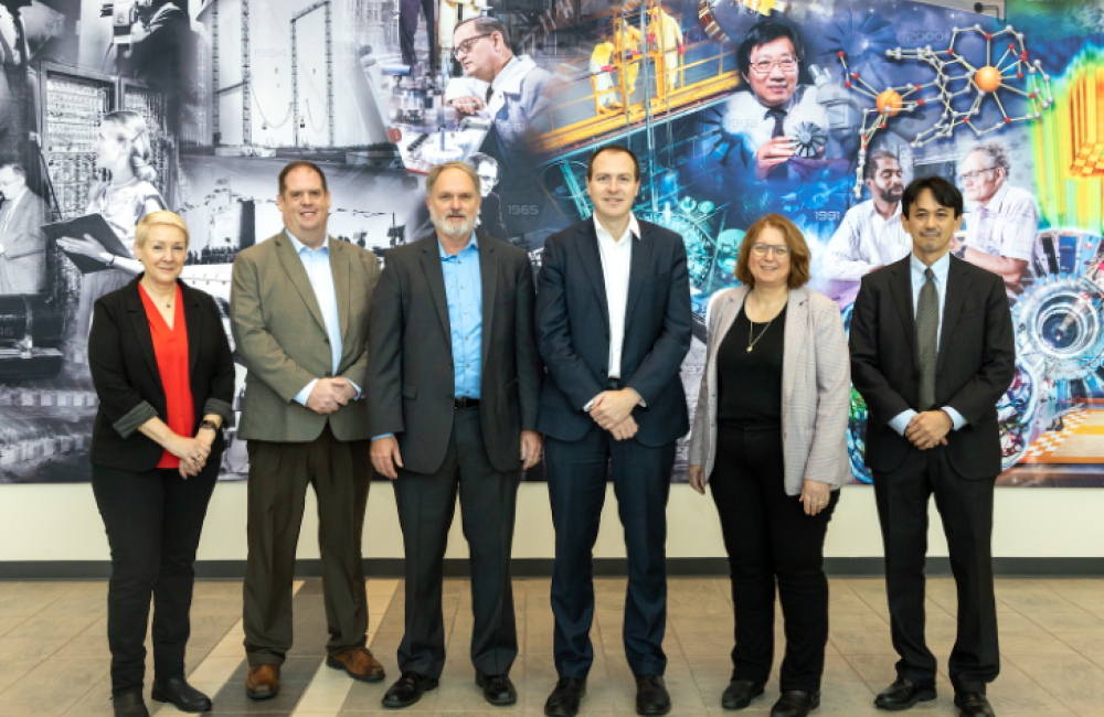 UKAEA will provide novel fusion materials to be irradiated in ORNL’s HFIR facility over the next four years. From left, Kathy McCarthy, Jeremy Busby, Mickey Wade, Prof Sir Ian Chapman (UKAEA CEO), Cynthia Jenks and Yutai Kato will represent this new partnership. Not pictured: Dr. Amanda Quadling, UKAEA’s Director of Materials Research Facility. Credit: Genevieve Martin/ORNL, U.S. Dept. of Energy