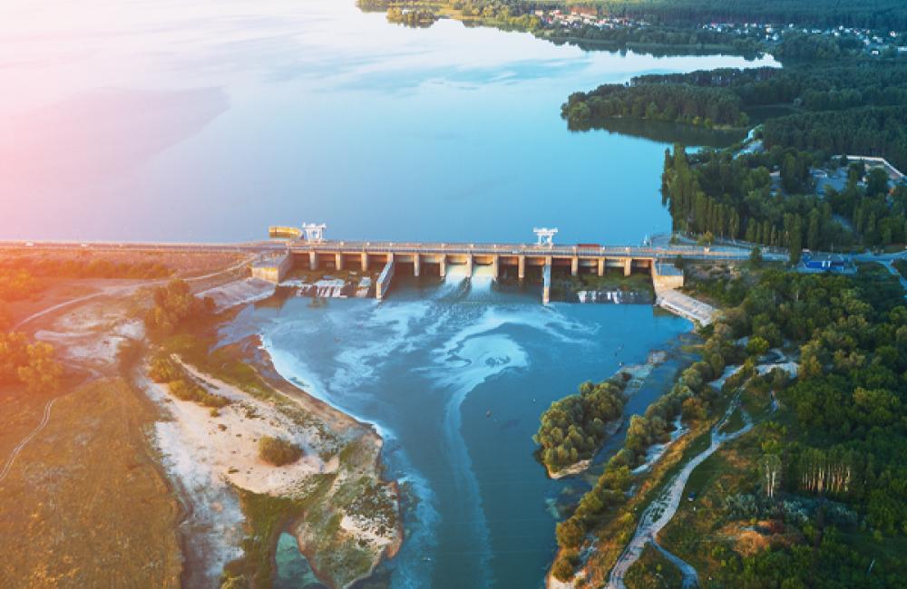 Aerial view of a dam at a reservoir