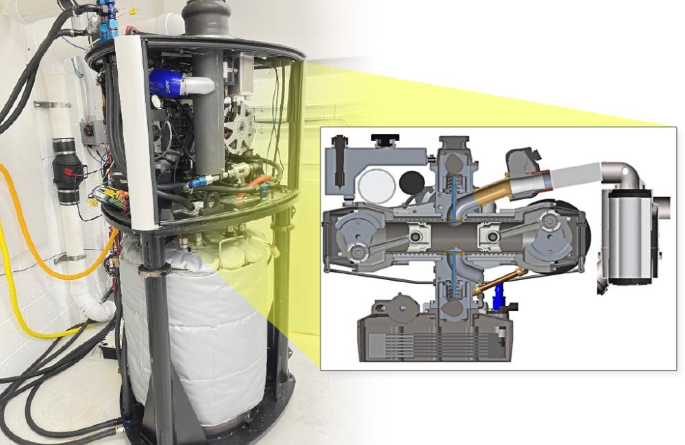 Image displays a photo and graphic of a micro combined heat and power prototype, or mCHP, with an opposed piston engine. Credit: ORNL, U.S. Department of Energy