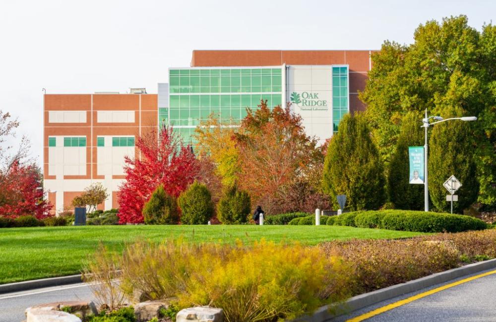 View of ORNL building in surrounded by colorful fall trees