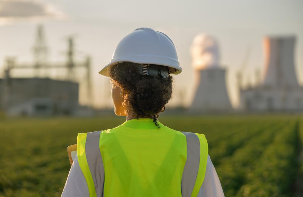 Stock image of woman in hazard vest with reactor stack in background