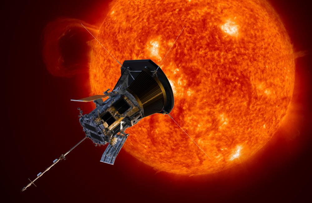Illustration of satellite in front of glowing orange celestial body