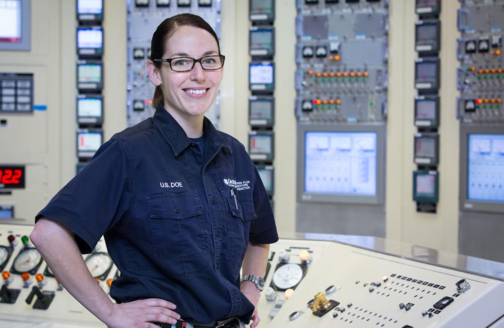 First trained as a nuclear electronics technician and reactor operator in the U.S. Navy, Maureen Searles has worked on HFIR’s operations team since February 2015. (ORNL photo by Genevieve Martin) 
