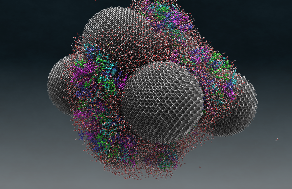 Water is seen as small red and white molecules on large nanodiamond spheres. The colored tRNA can be seen on the nanodiamond surface. Image by Michael Mattheson, OLCF, ORNL