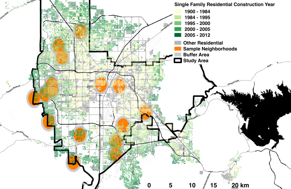 Researchers analyzed 15 years of data across 16 neighborhoods, shown in orange, in the Las Vegas Valley Water District to determine whether one home’s participation in the utility’s water conservation program had a measureable effect on their neighbors’ l
