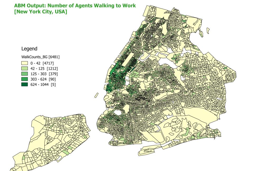 This map of New York City shows how many people walk to work each morning. The resolution is block group level.
