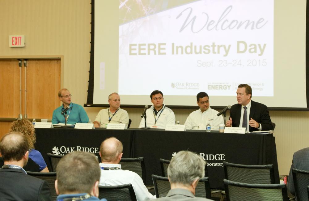 James White, Rod Stucker and James Rowland, winners of DOE's inaugural Buildings Crowdsourcing Community Campaign, joined GE Appliance’s Venkat Venkatakrishnan and DOE Assistant Secretary David Danielson for a panel discussion at EERE Industry Day at ORNL
