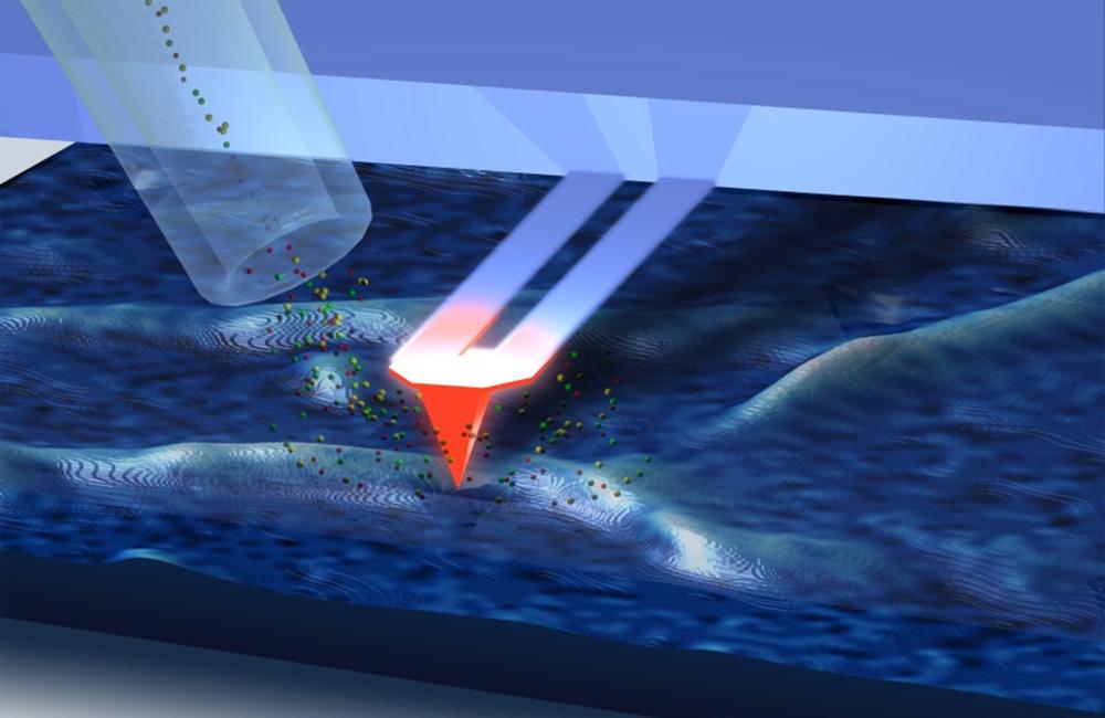 A heated atomic force microscope cantilever probe touches a surface to be analyzed.  Surface material that is thermally desorbed is drawn as a vapor into the ion source of the mass spectrometer, ionized and then detected and analyzed by a mass spectromete