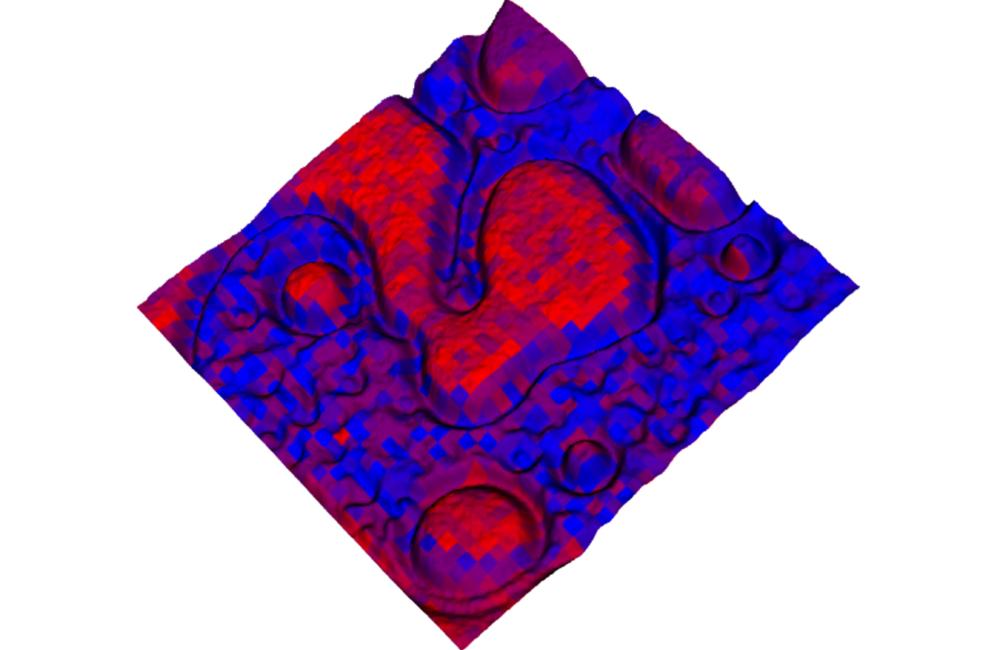 A hybrid 3-D optical microscope – mass spectrometry map showing optical brightness (height) and chemical distribution of poly(2vinylpyridine) (red) and poly(N-vinylcarbazole) (blue) signals of a 20 micron-by-20 micron area of a polymer blend. (ORNL/DOE)
