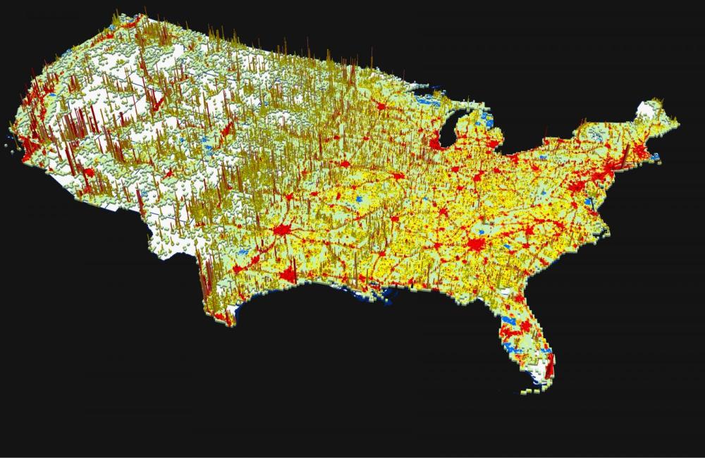 This 3-D visualization represents projected changes in US population between 2010 and 2050 as predicted by a new Oak Ridge National Laboratory model. Areas seen in red indicate higher levels of population growth, whereas the vertical spikes signify popula