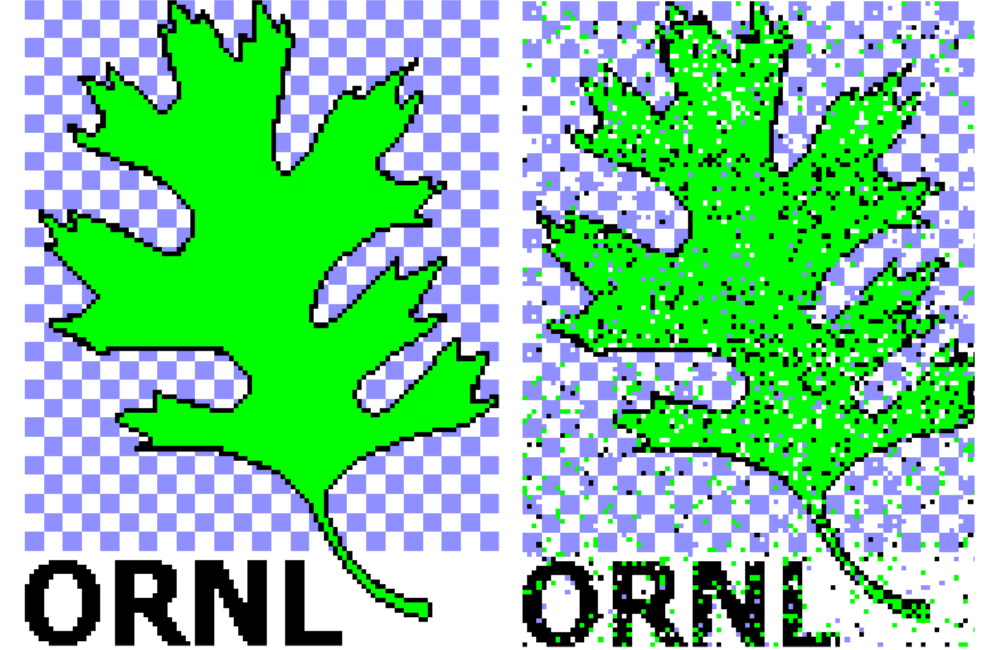 The team transmitted the ORNL logo, an oak leaf, between two end points in the laboratory with 87 percent calculated fidelity. (Left): The original 4-color, 3.4kB image. (Right): The image received using superdense coding.